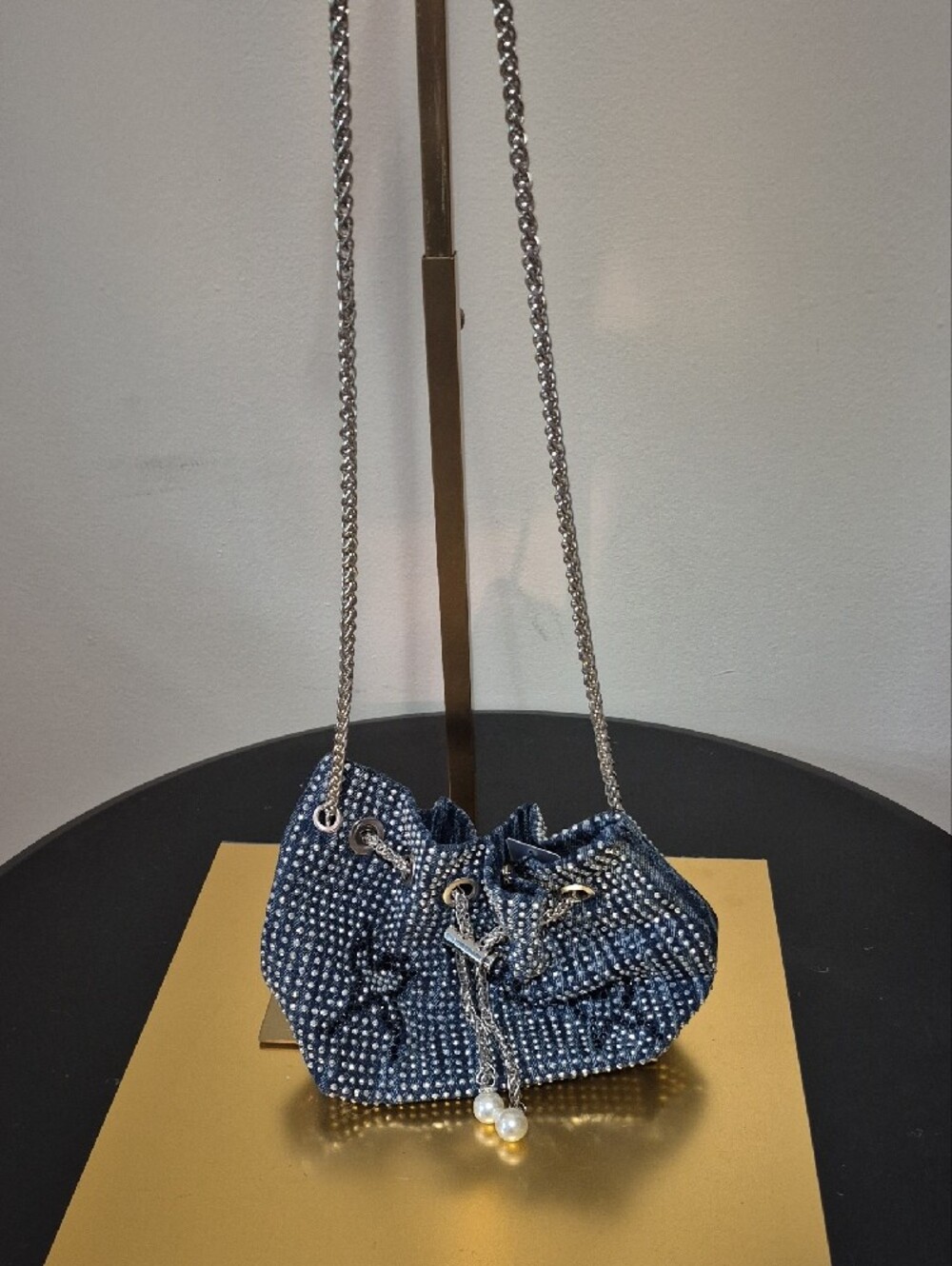 Sequined Navy Evening Wristlet with Pearl Charm Accent and Butterflies